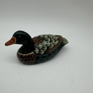 Vtg Small Wooden Duck Hand‎ Carved Painted Trinket Dish w/ Lid  Lacquer 5.5"